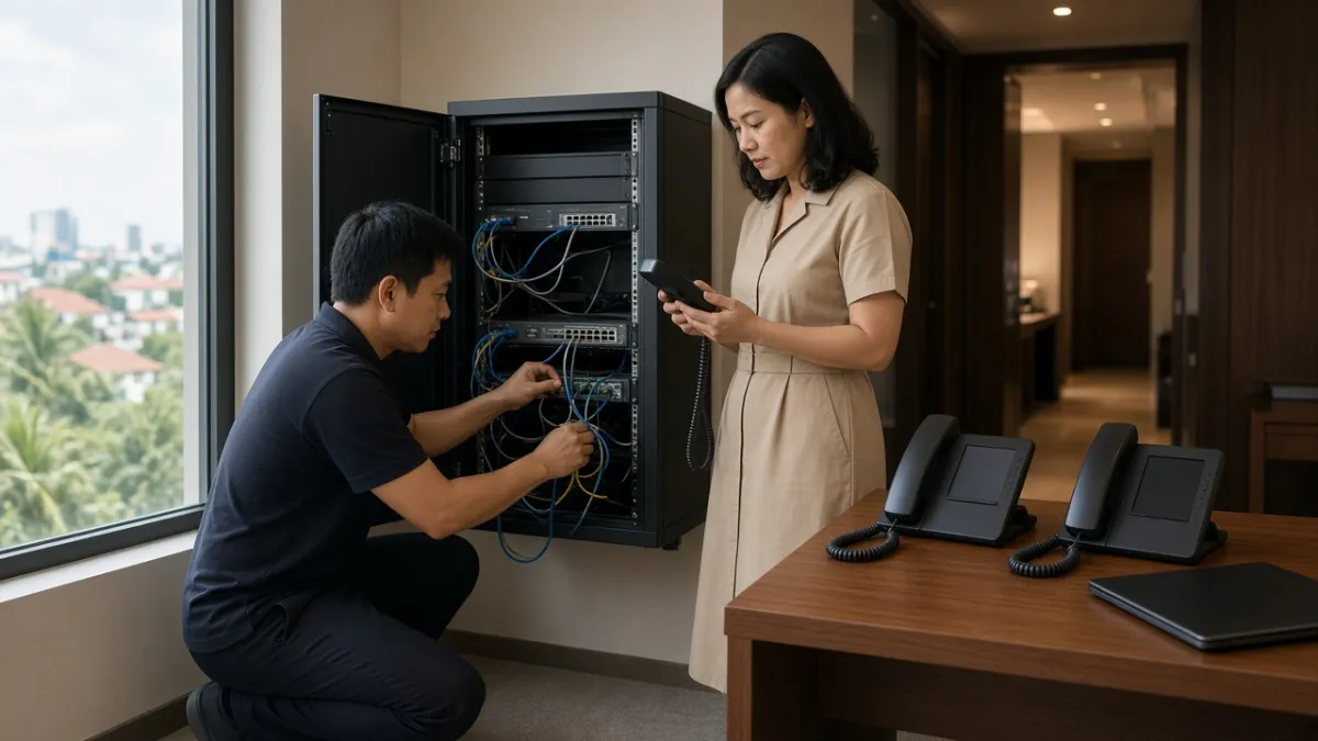 Kỹ thuật viên tư vấn triển khai tổng đài IP cùng quản lý lễ tân trong phòng thiết bị khách sạn tại Đà Nẵng.
