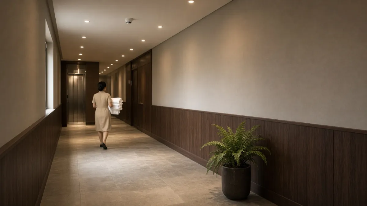 Hành lang khách sạn với đèn âm trần, cảm biến trần và ánh sáng vùng hỗ trợ điều khiển ánh sáng tự động.