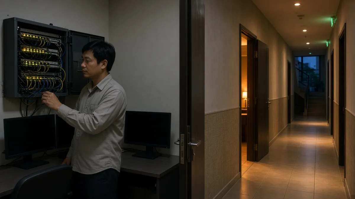 Kỹ thuật khách sạn theo dõi tủ điều khiển ELV, hành lang tối và phòng sáng ấm sau check-in.