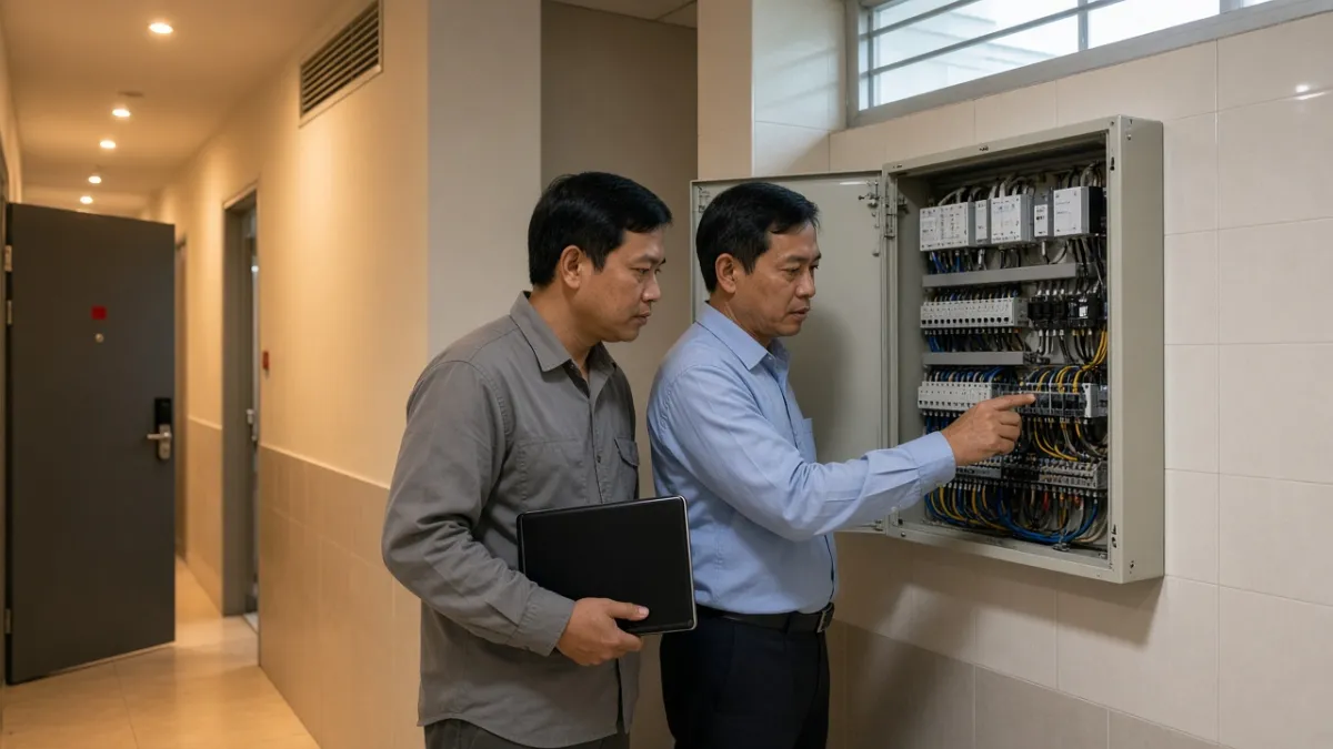 Kỹ thuật ELV và quản lý bảo trì khách sạn trao đổi tư vấn lắp tủ điều khiển ánh sáng gắn hành lang.