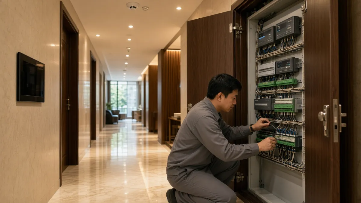 Kỹ thuật viên kiểm tra tủ điều khiển DALI trong hành lang khách sạn, minh hoạ cấu trúc hệ thống chiếu sáng BMS.