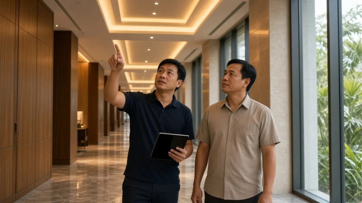 Kỹ sư tư vấn và quản lý khách sạn kiểm tra hệ thống chiếu sáng DALI tại hành lang khách sạn hiện đại.