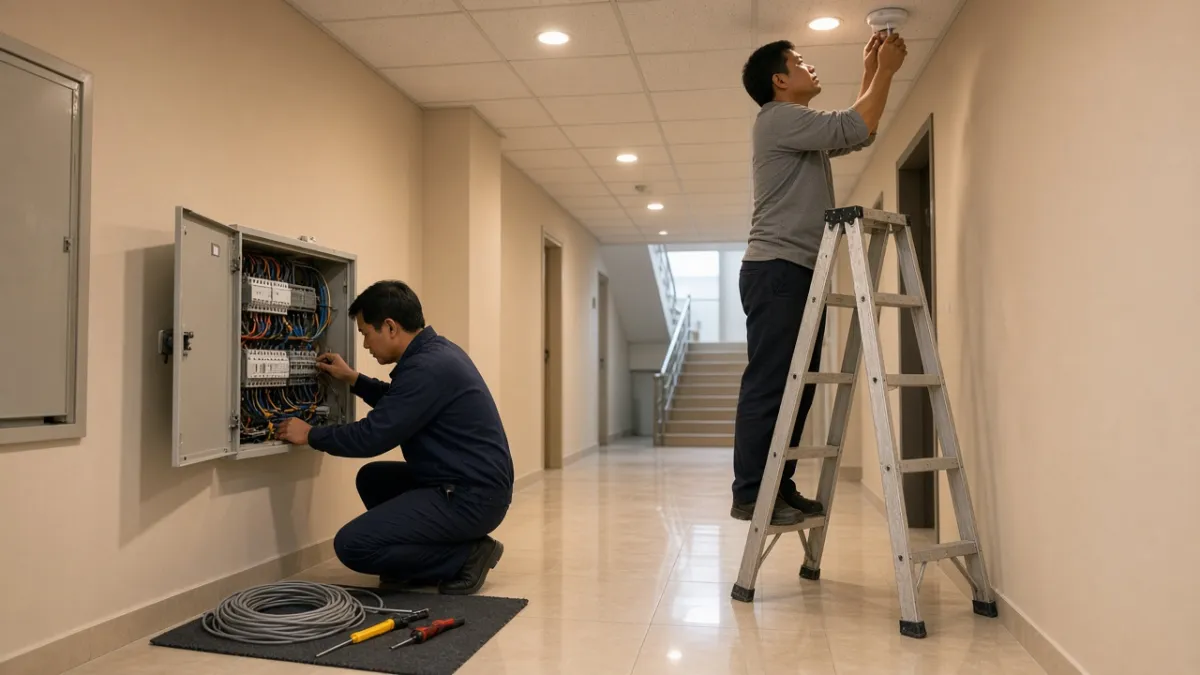 Kỹ thuật viên lắp cảm biến trần và đấu nối tủ điều khiển DALI trong hành lang khách sạn.