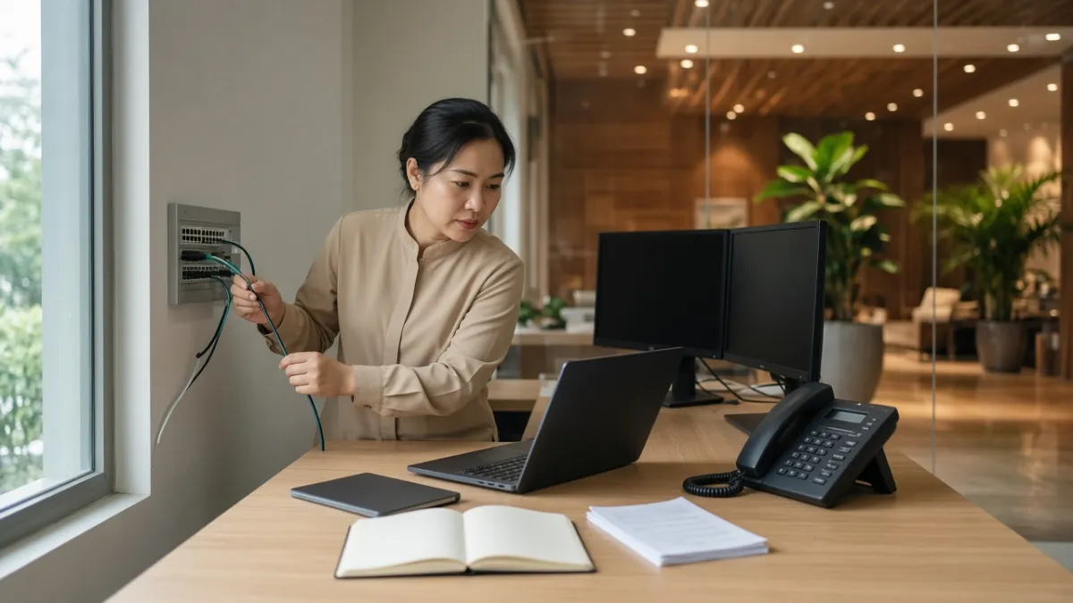 Nhân viên khách sạn Việt Nam kết nối mạng và thiết bị tại phòng vận hành để đồng bộ dữ liệu đa nền tảng.