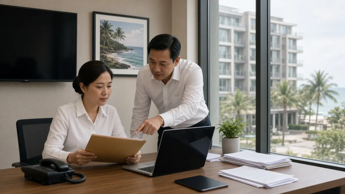 Nhân viên khách sạn Việt Nam phối hợp tại phòng vận hành trung tâm, đồng bộ dữ liệu đặt phòng giữa các chi nhánh.