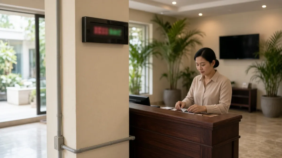 Đồng hồ điện tử treo tường cạnh quầy lễ tân khách sạn, nhân viên làm việc trong sảnh ấm áp.