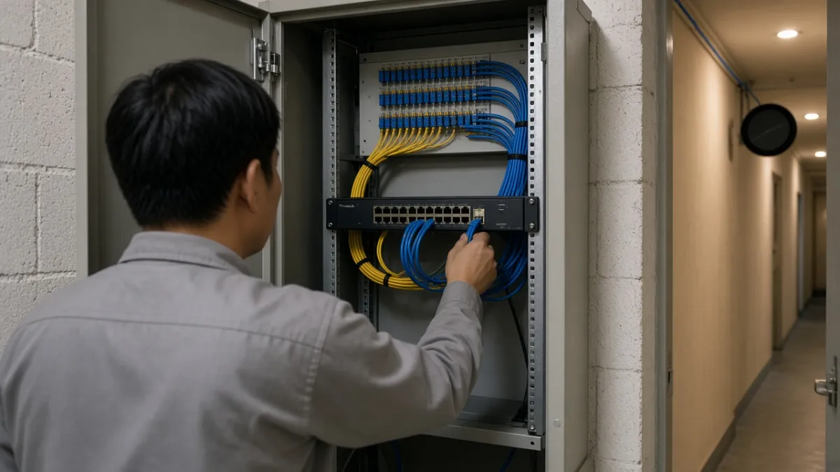Kỹ thuật viên cắm cáp mạng vào switch PoE trong tủ ELV, dây mạng dẫn ra đồng hồ treo tường hành lang khách sạn.