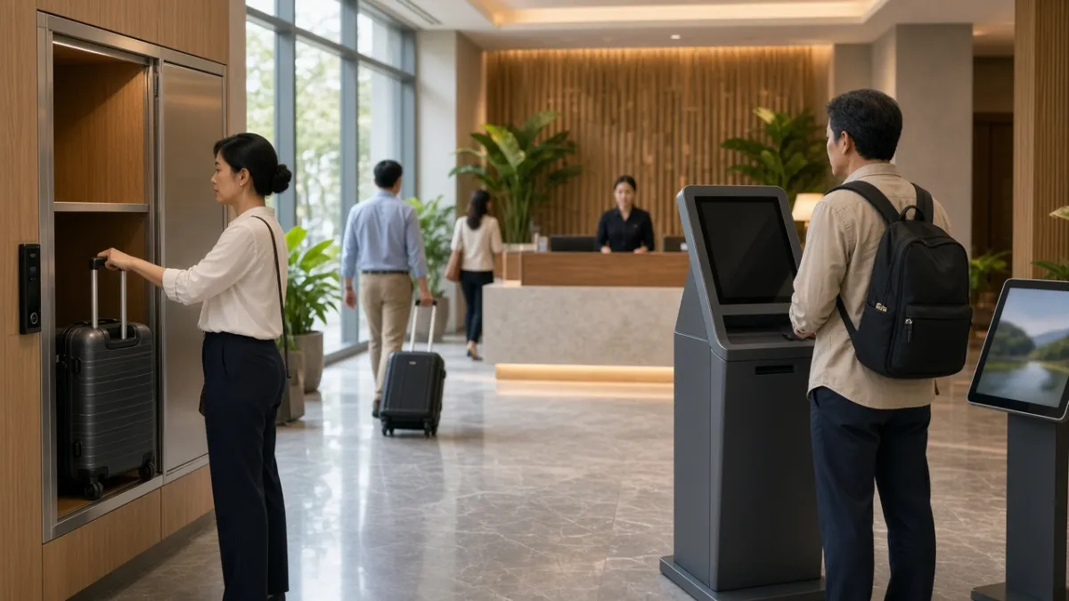Khách gửi hành lý vào tủ thông minh và check-in tại kiosk tự phục vụ trong sảnh khách sạn, giảm chờ đợi ở quầy lễ tân.