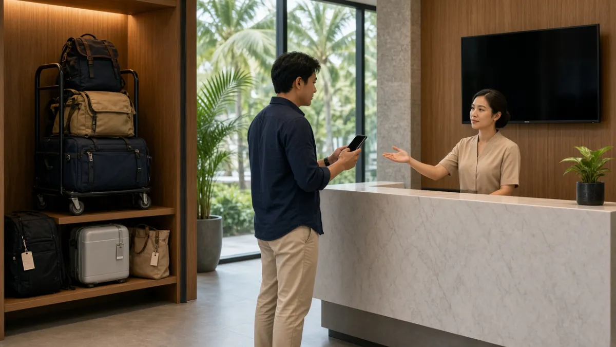 Sảnh khách sạn hiện đại tại Đà Nẵng với khu gửi hành lý và khách check-in không tiếp xúc qua điện thoại.