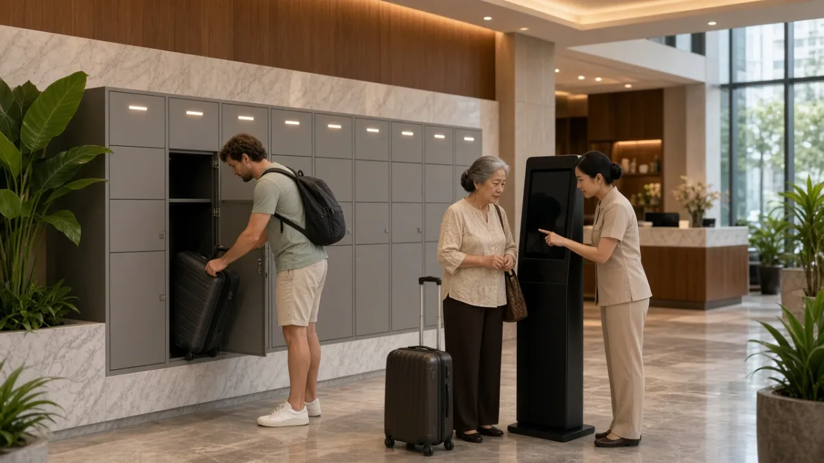 Khách tự gửi hành lý tại tủ thông minh; khách lớn tuổi được nhân viên hướng dẫn check-in tự phục vụ trong sảnh.