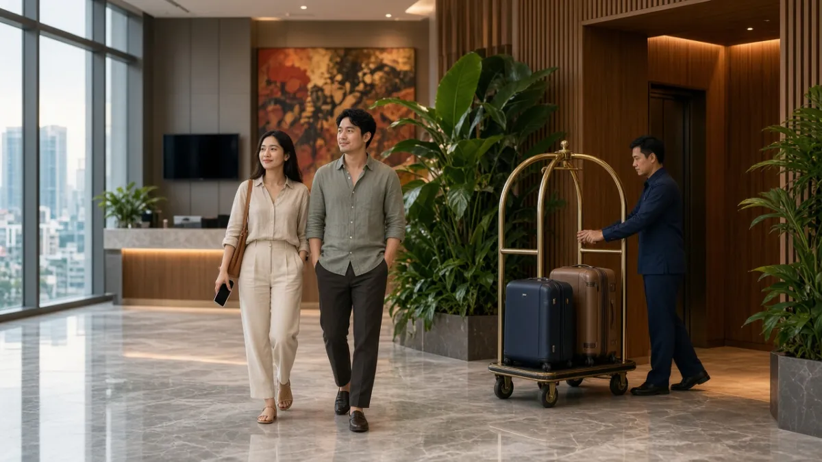 Khách Việt ung dung vào sảnh khách sạn, nhân viên đưa hành lý vào khu giữ sau check-in không tiếp xúc.