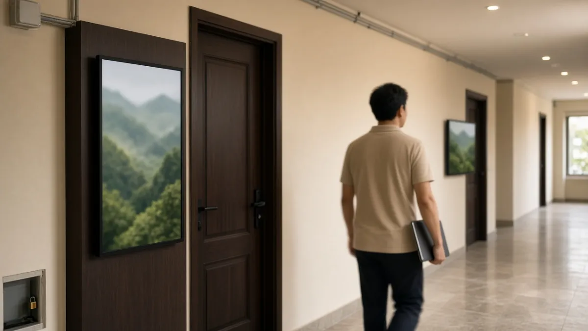 Nhân viên kỹ thuật đi qua hành lang phòng họp, màn hình treo cửa hiển thị lịch đồng bộ từ hệ thống đặt phòng.