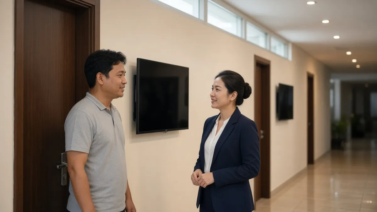 Kỹ thuật viên tư vấn cùng nhân viên khách sạn trước màn hình thông tin phòng họp gắn tường ở hành lang hội nghị.