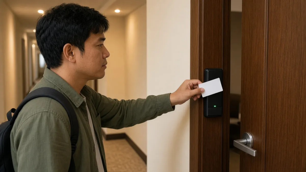 Khách quẹt thẻ tại khóa từ điện tử cửa phòng trong hành lang khách sạn, minh họa kiểm soát ra vào.