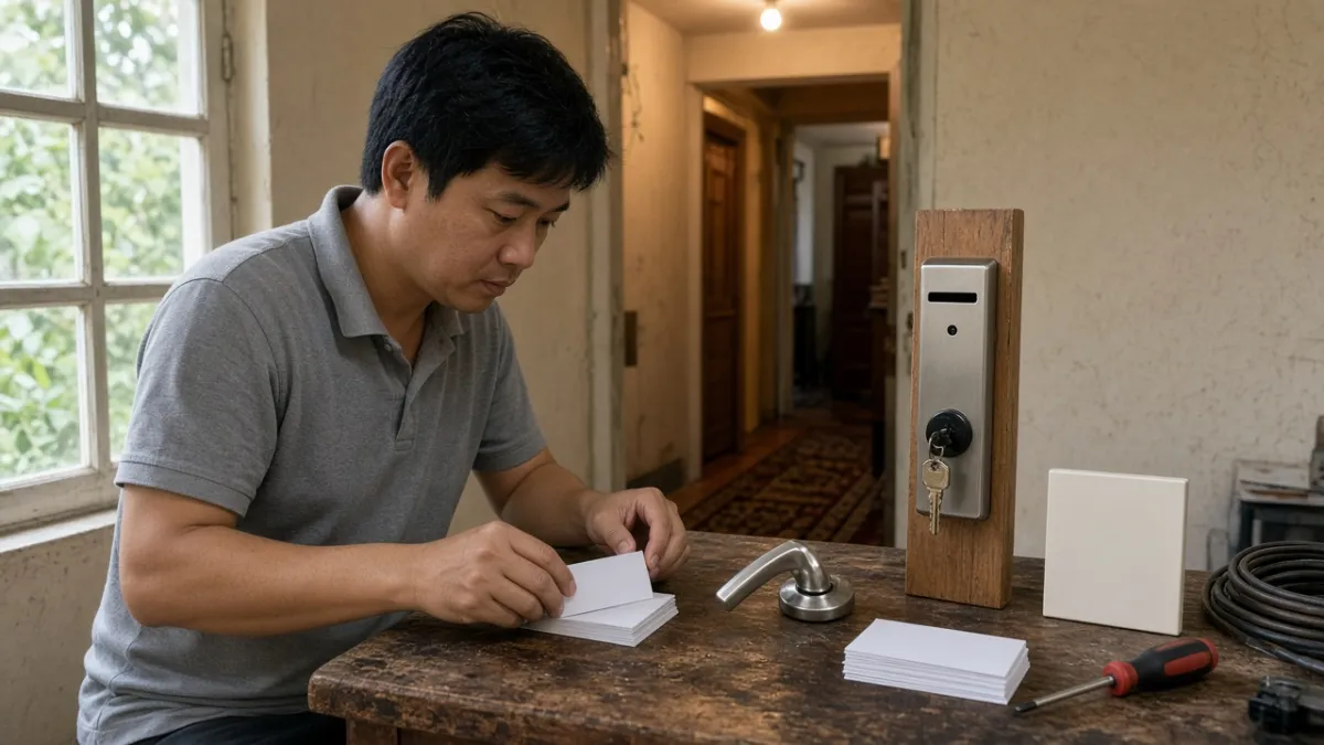 Kỹ thuật viên sắp xếp khóa từ điện tử, thẻ từ và dụng cụ lắp đặt kiểm soát ra vào trong phòng bảo trì khách sạn.