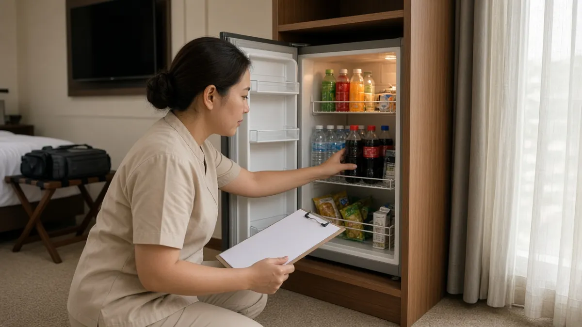 Nhân viên khách sạn kiểm tra thủ công đồ uống trong tủ minibar mở ở phòng nghỉ, minh họa khó khăn quản lý truyền thống.