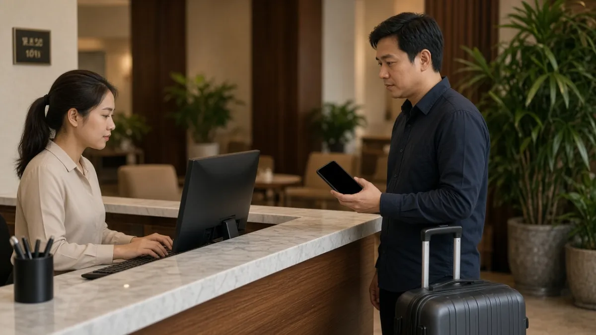 Lễ tân xác nhận trả phòng tại quầy; khách cầm điện thoại, minibar đã được ghi nhận tự động.