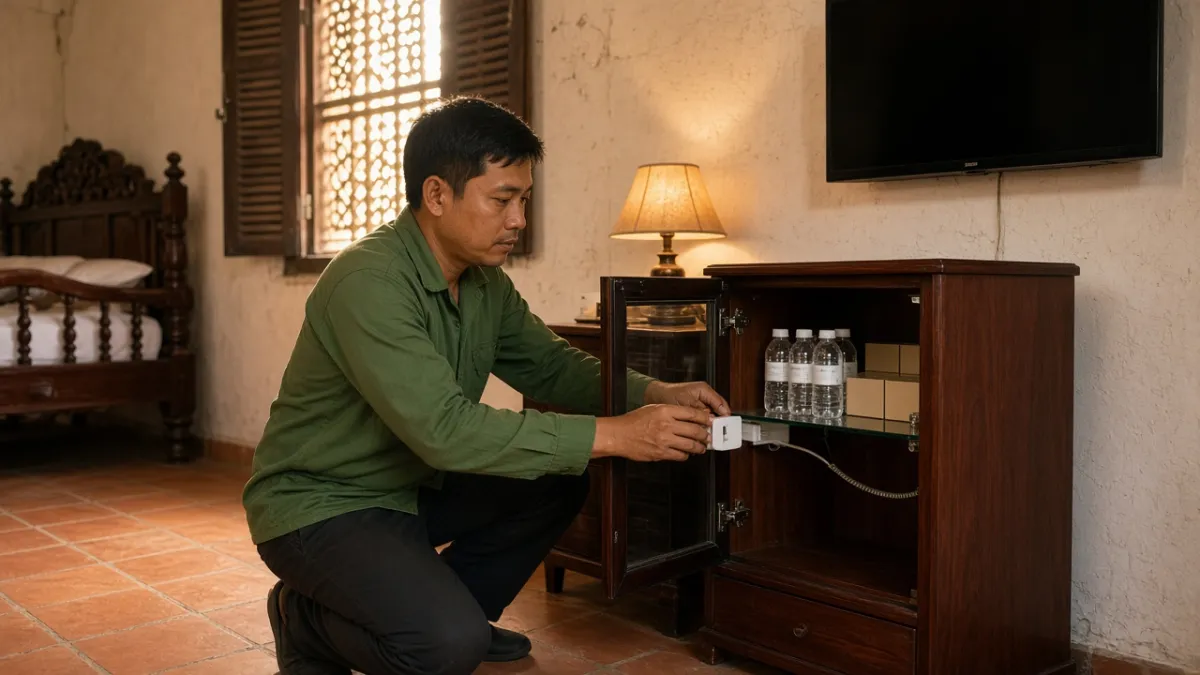 Kỹ thuật viên khách sạn kiểm tra cảm biến minibar tích hợp ELV trong phòng nghỉ boutique.