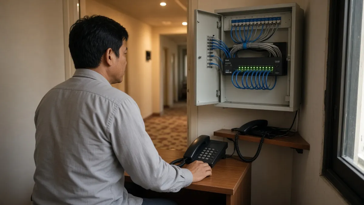Nhân viên tại quầy hậu cần khách sạn dùng điện thoại IP bên cạnh tủ mạng cáp và switch POE của hệ thống tổng đài.