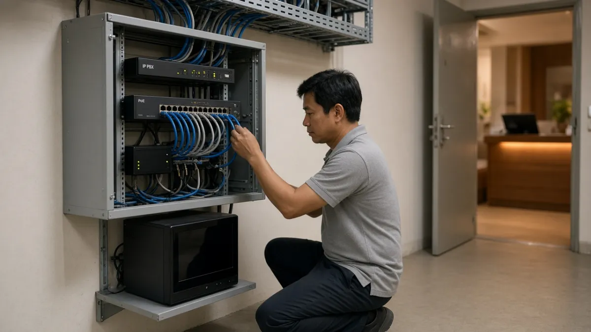 Kỹ thuật viên lắp cáp mạng tại tủ tổng đài IP, switch PoE và router trong phòng kỹ thuật khách sạn.