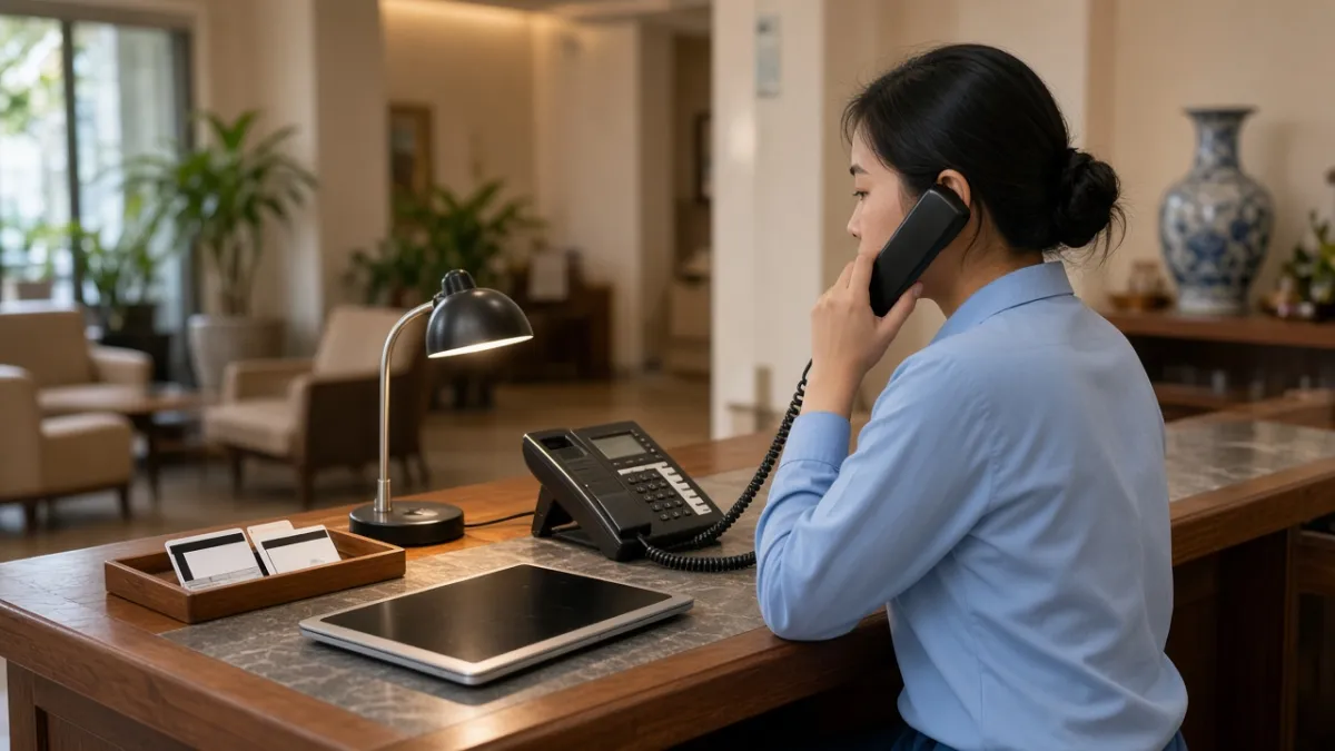 Nhân viên lễ tân khách sạn dùng điện thoại IP bàn để liên lạc nội bộ giữa các bộ phận phục vụ khách.