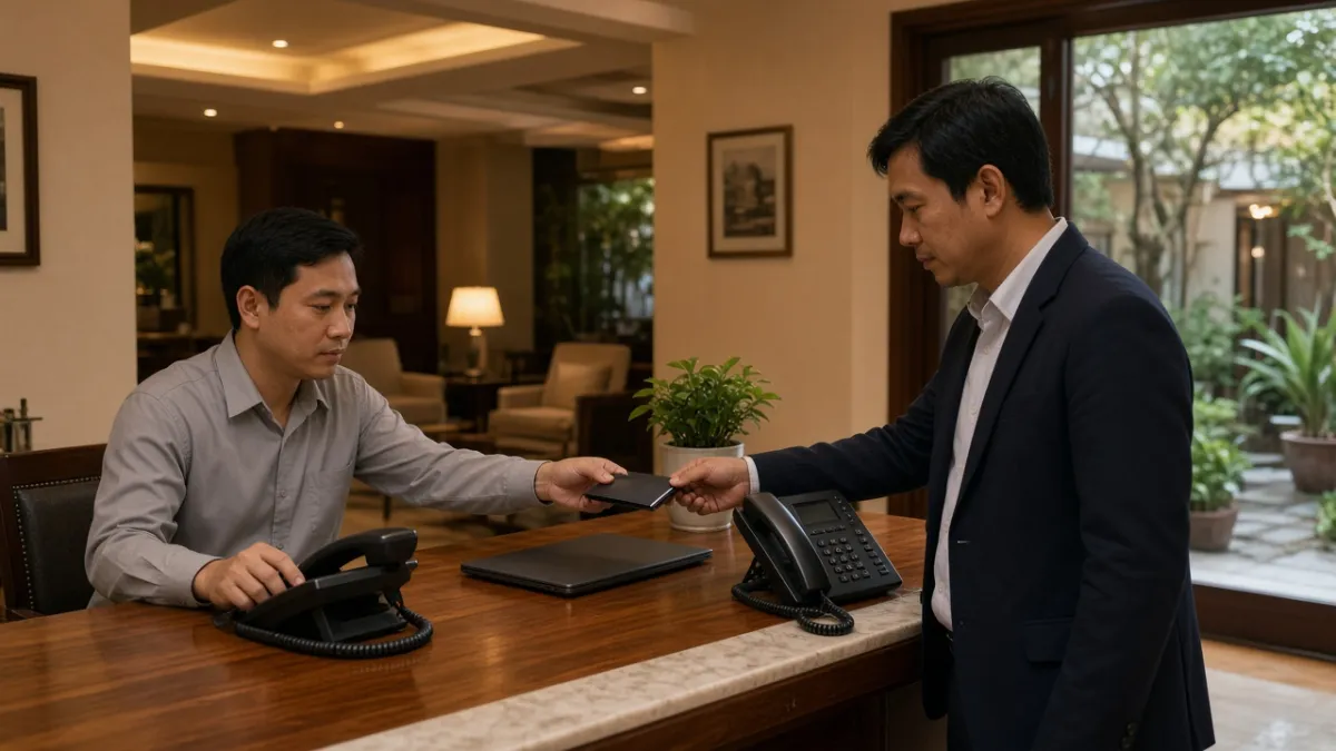 Lễ tân khách sạn vừa dùng điện thoại IP nội bộ vừa hỗ trợ khách, thể hiện vận hành liền mạch.