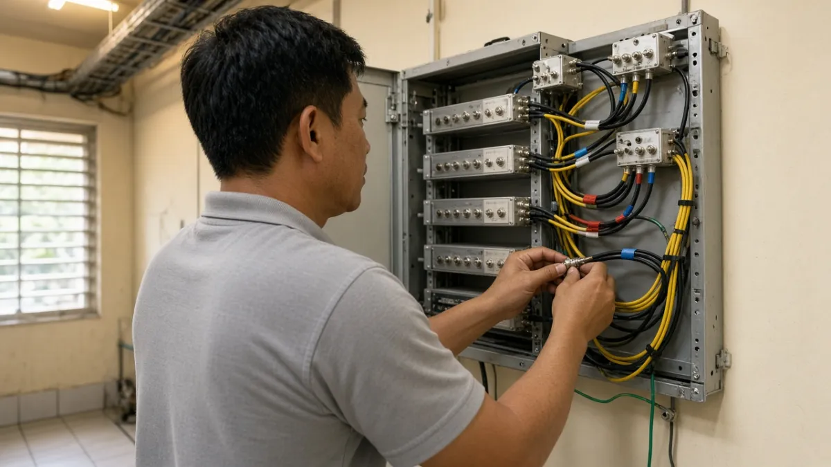 Kỹ thuật viên chỉnh kết nối cáp đồng trục trên tủ phân phối tín hiệu RF truyền hình nội bộ khách sạn.