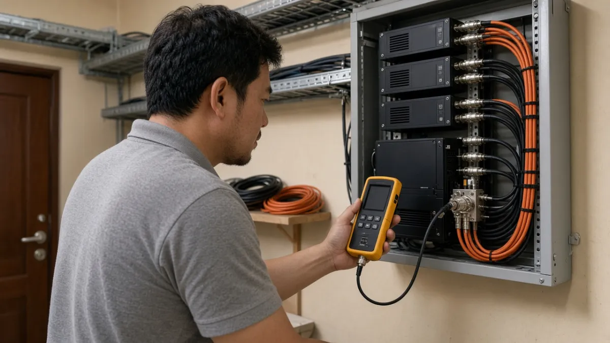 Kỹ thuật viên kiểm tra tín hiệu RF tại tủ rack modulator và cáp đồng trục trong phòng kỹ thuật khách sạn.