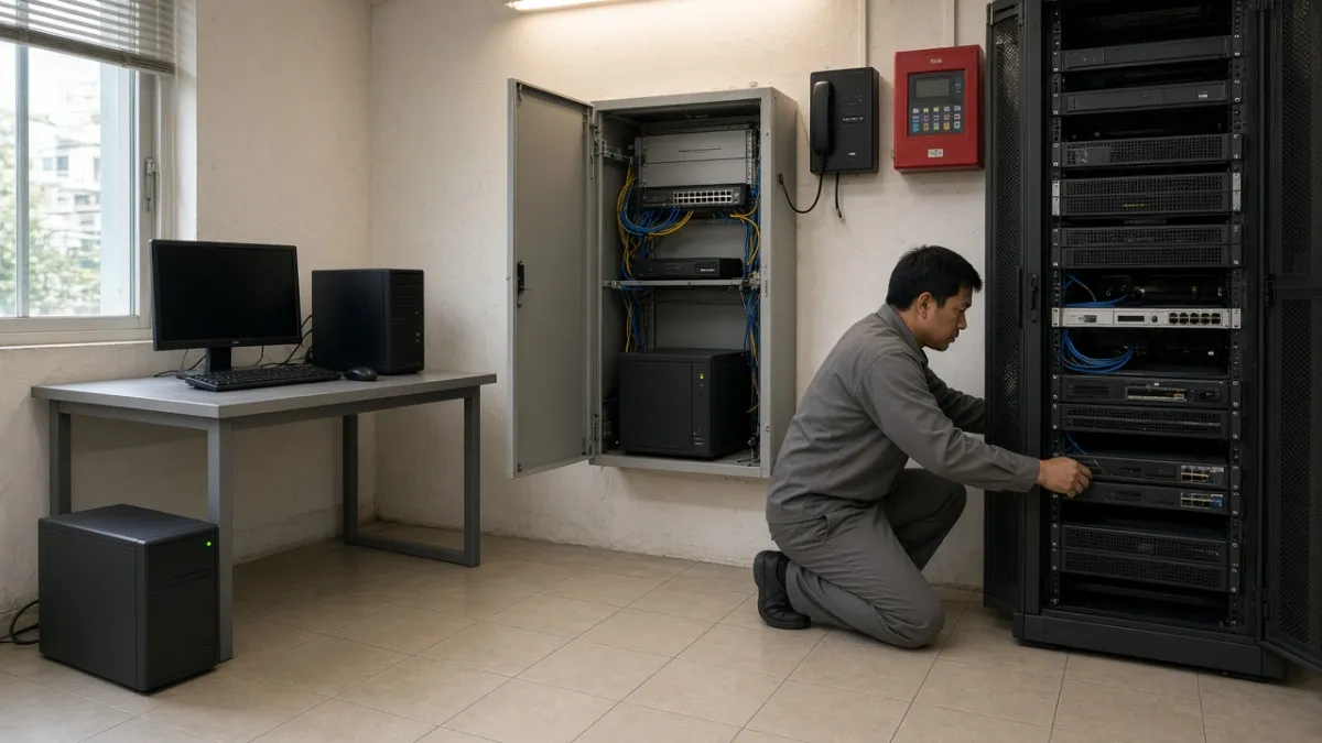 Phòng kỹ thuật khách sạn với ba loại UPS: offline cho máy tính, line-interactive cho tủ mạng, online cho server.