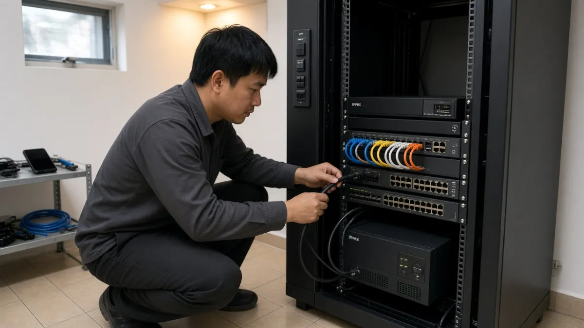 Kỹ thuật viên lắp tủ rack tích hợp UPS, switch mạng và đấu nối trong phòng kỹ thuật khách sạn.