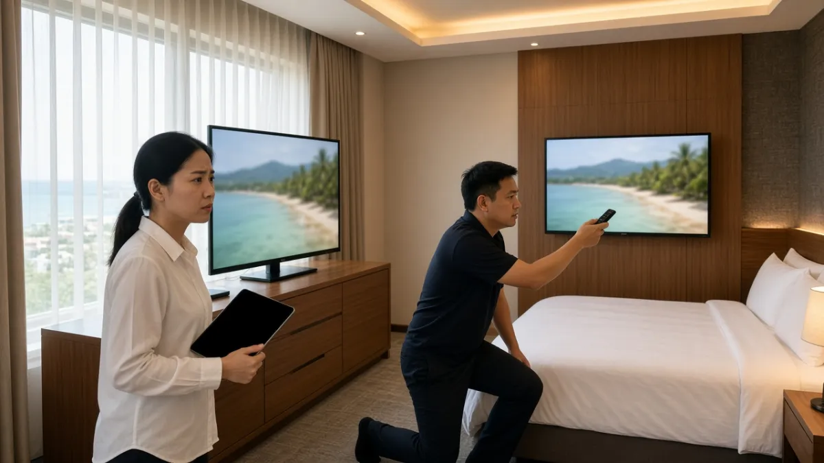 Nhân viên khách sạn kiểm tra từng TV trong phòng có hai màn hình trước khi nghiệm thu hệ thống chào khách.