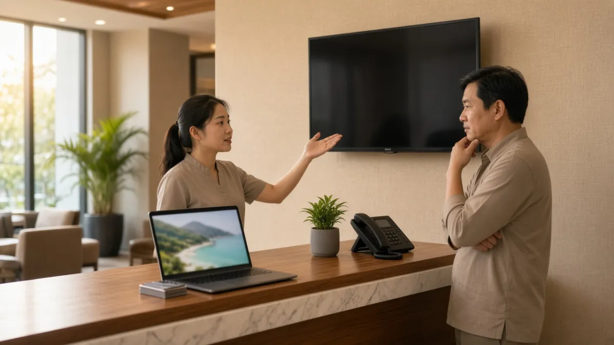 Nhân viên lễ tân khách sạn Việt Nam thảo luận về dùng TV hiện có và nhập lời chào thay vì thay TV mới.