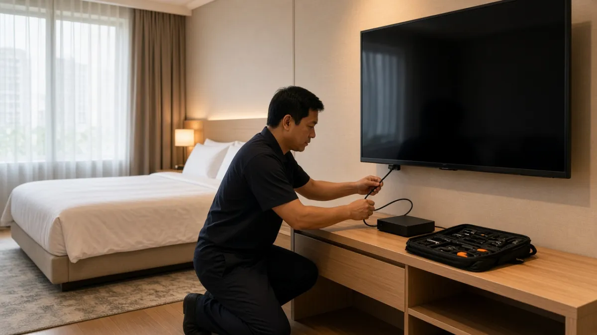 Nhân viên kỹ thuật khách sạn cắm hộp xử lý ngoài vào TV cũ qua HDMI trong phòng khách, không cần thay màn hình.