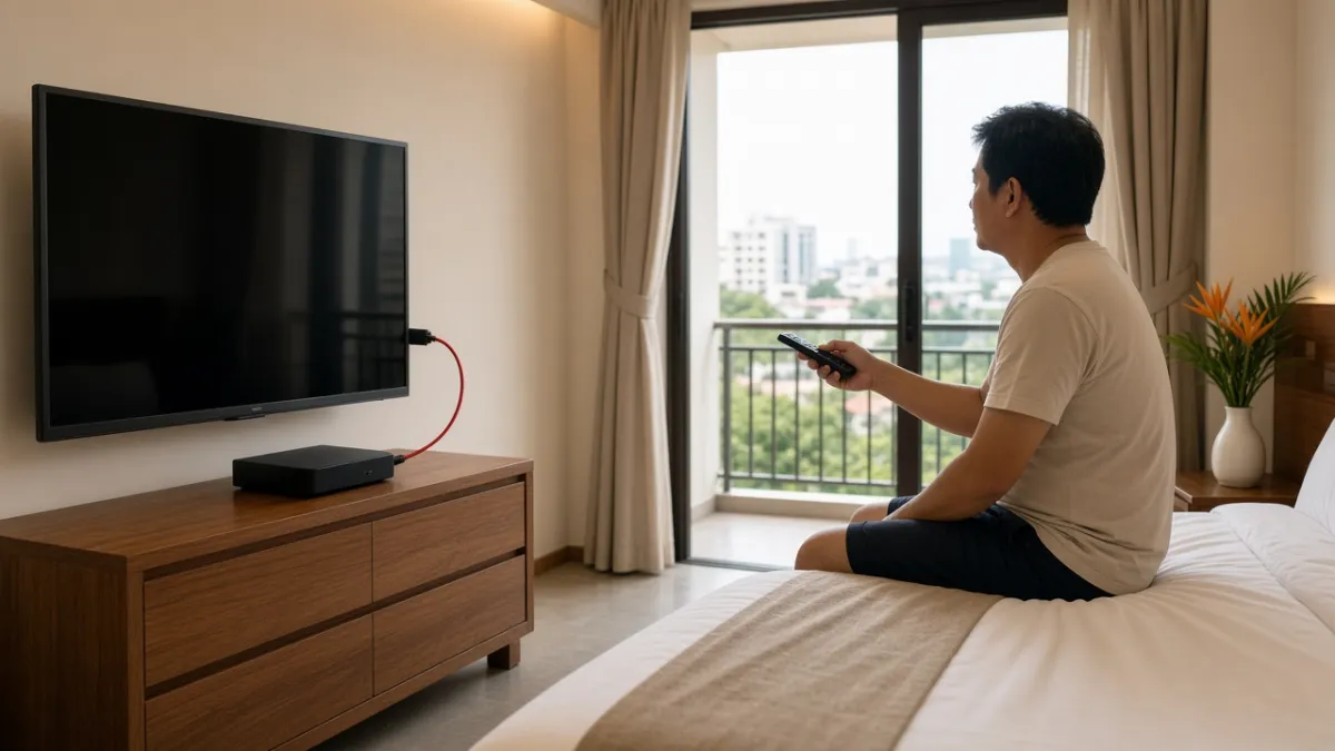 Phòng khách sạn Việt Nam: box HDMI gắn ngoài nối TV qua cáp, khách dùng remote bật màn hình đen bóng.