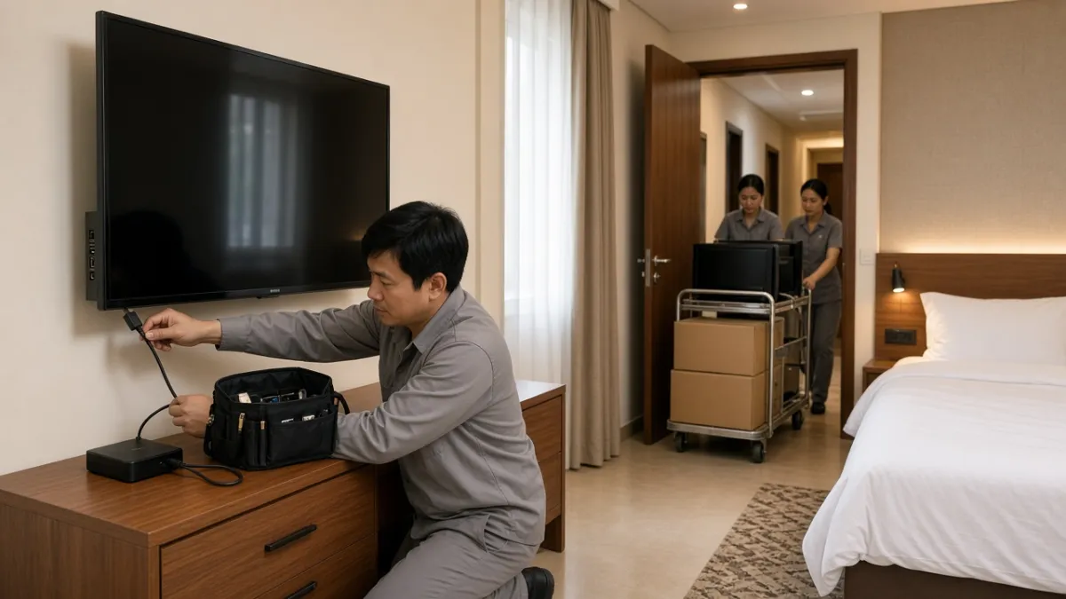 Kỹ thuật viên lắp thiết bị HDMI gắn ngoài TV sẵn có trong phòng khách sạn, so với thay TV mới ở hành lang.