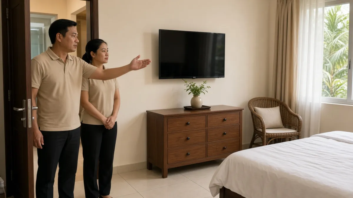 Nhân viên khách sạn boutique Việt Nam kiểm tra phòng có TV cũ vẫn dùng tốt, phù hợp nâng cấp dịch vụ.