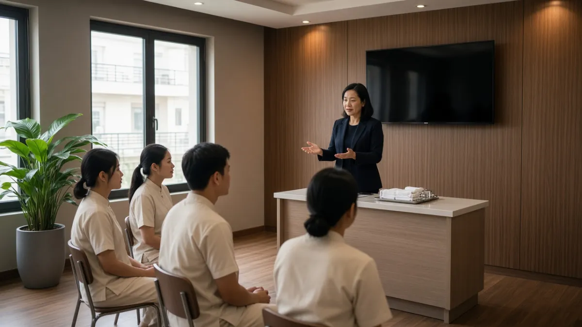 Giảng viên hướng dẫn nhân viên mới thực hành tiêu chuẩn đón tiếp trong phòng đào tạo nội bộ khách sạn.