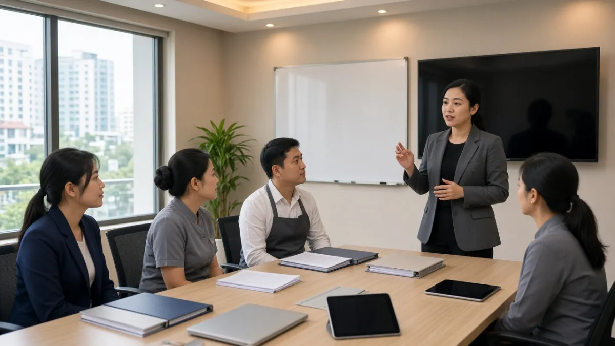 Nhân viên lễ tân, buồng phòng và F&B tham gia buổi đào tạo nội bộ tại phòng học khách sạn.