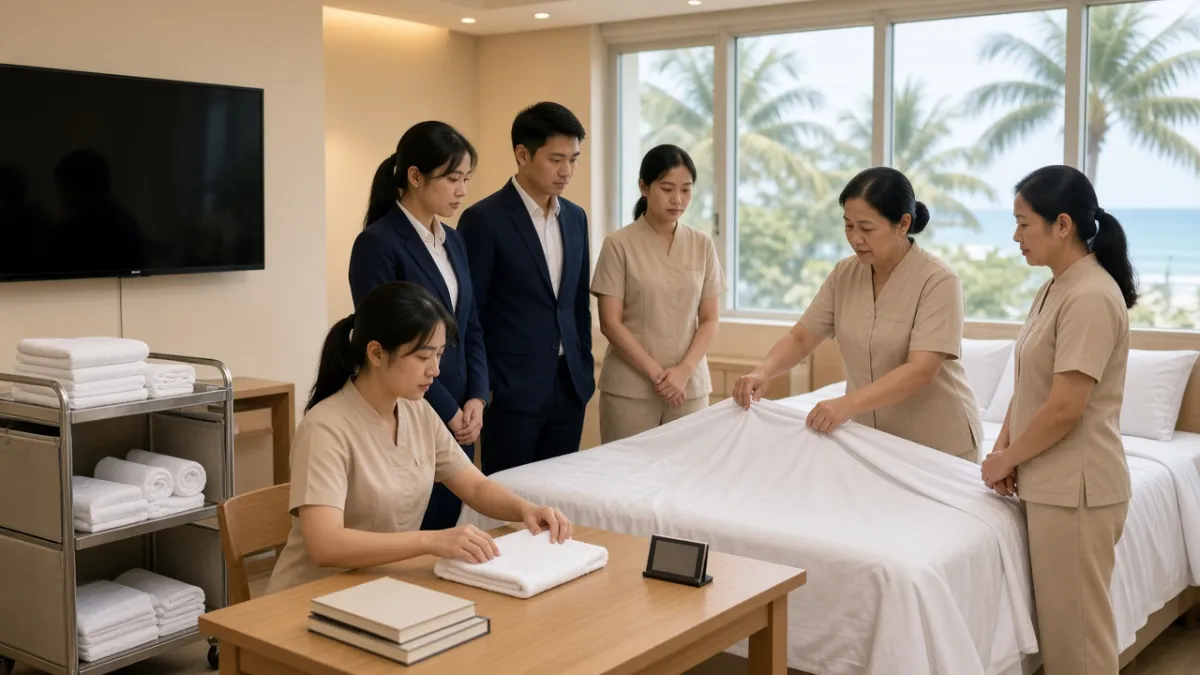 Huấn luyện viên hướng dẫn nhân viên khách sạn Nha Trang thực hành setup phòng trong buổi đào tạo nội bộ.