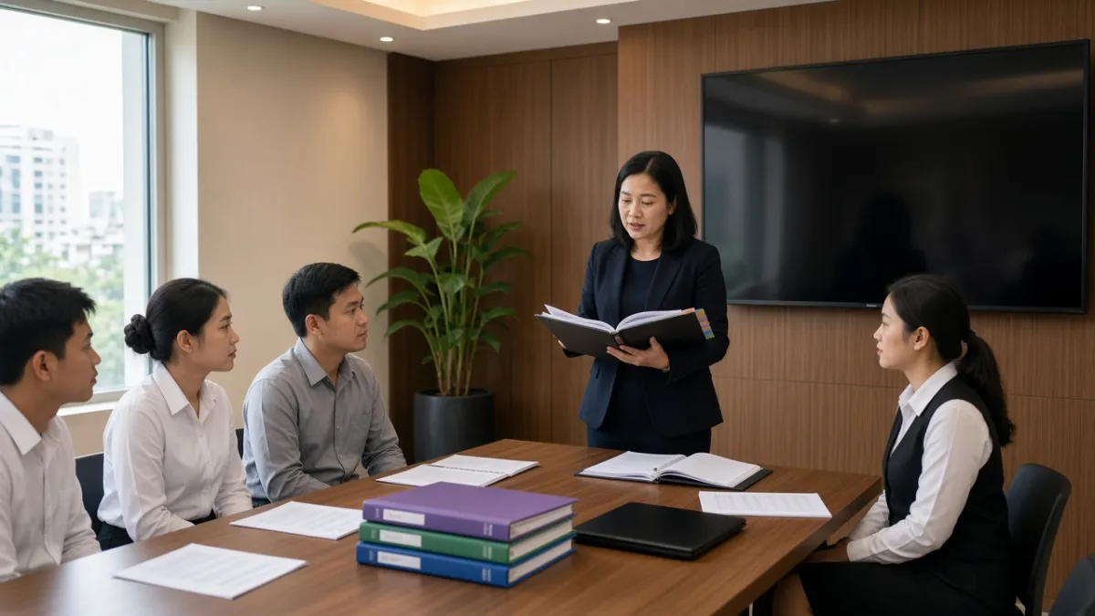 Giảng viên hướng dẫn nhân viên khách sạn mới học bộ tài liệu SOP trong phòng đào tạo nội bộ.