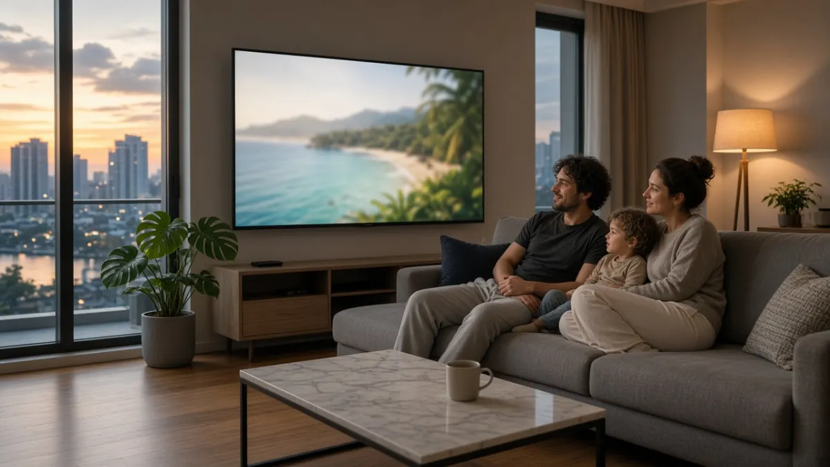 Gia đình khách thuê thư giãn trên sofa phòng khách căn hộ dịch vụ, TV treo tường là điểm nhấn giải trí.