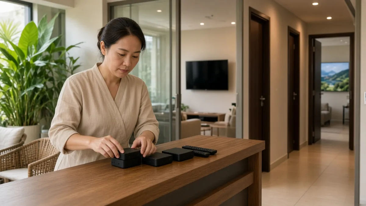 Nhân viên homestay sắp xếp TV Box tại quầy lễ tân, hành lang căn hộ phía sau minh họa triển khai gói dịch vụ.