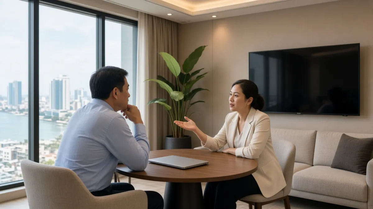 Buổi tư vấn và demo hệ thống TV giữa chuyên viên và chủ căn hộ dịch vụ tại phòng khách cao cấp.