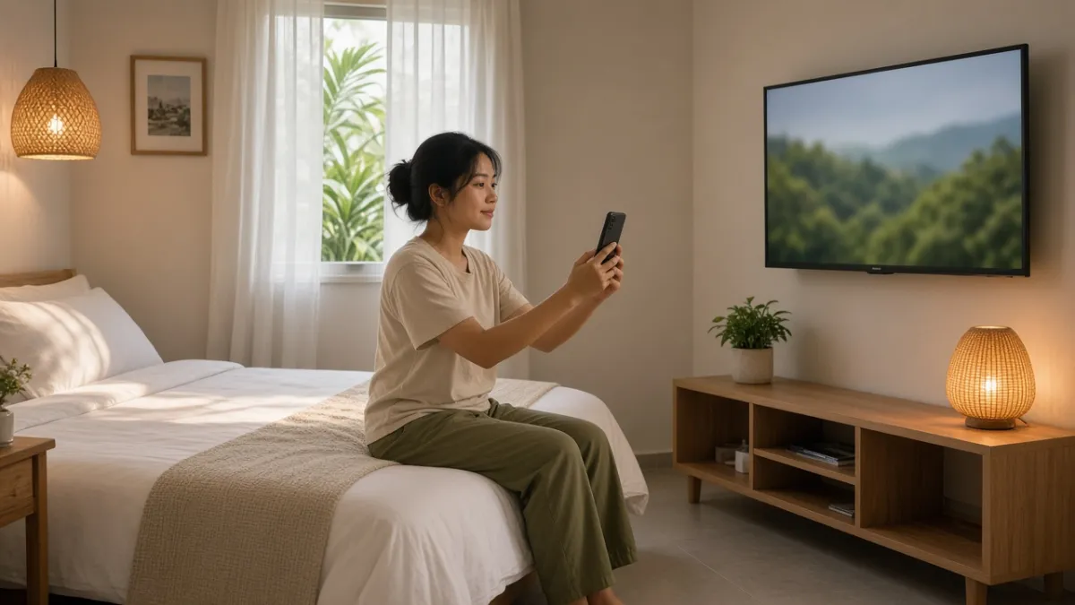 Khách chụp ảnh TV treo tường trong phòng homestay nhỏ gọn, gợi ý trải nghiệm sang và lan tỏa trên mạng xã hội.