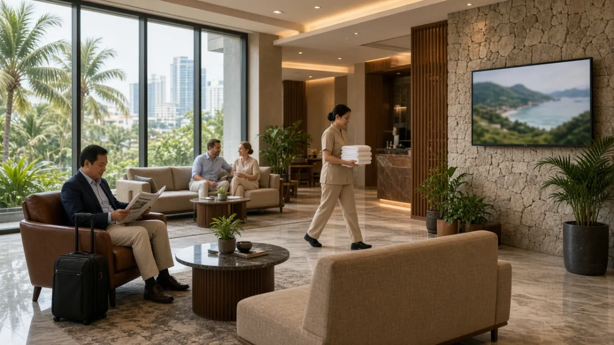 Sảnh khách sạn cao cấp tại Việt Nam với TV treo tường, khách công tác và du lịch cùng nhân viên phục vụ.