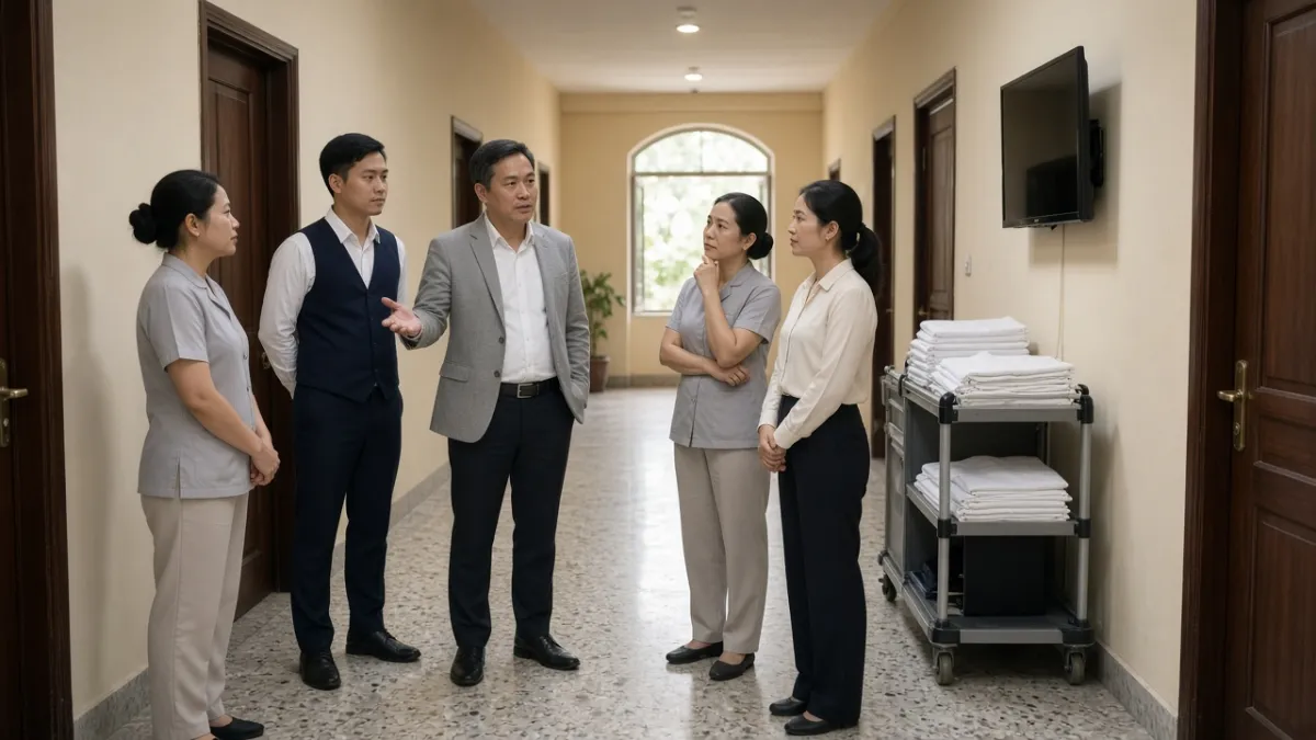 Quản lý nhân sự trao đổi với đội ngũ buồng phòng và lễ tân trong hành lang nội bộ khách sạn.