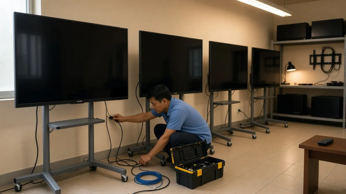 Nhân viên kỹ thuật khách sạn lắp cáp cho nhiều mẫu Smart TV trên giá, chuẩn bị cài app IPTV.