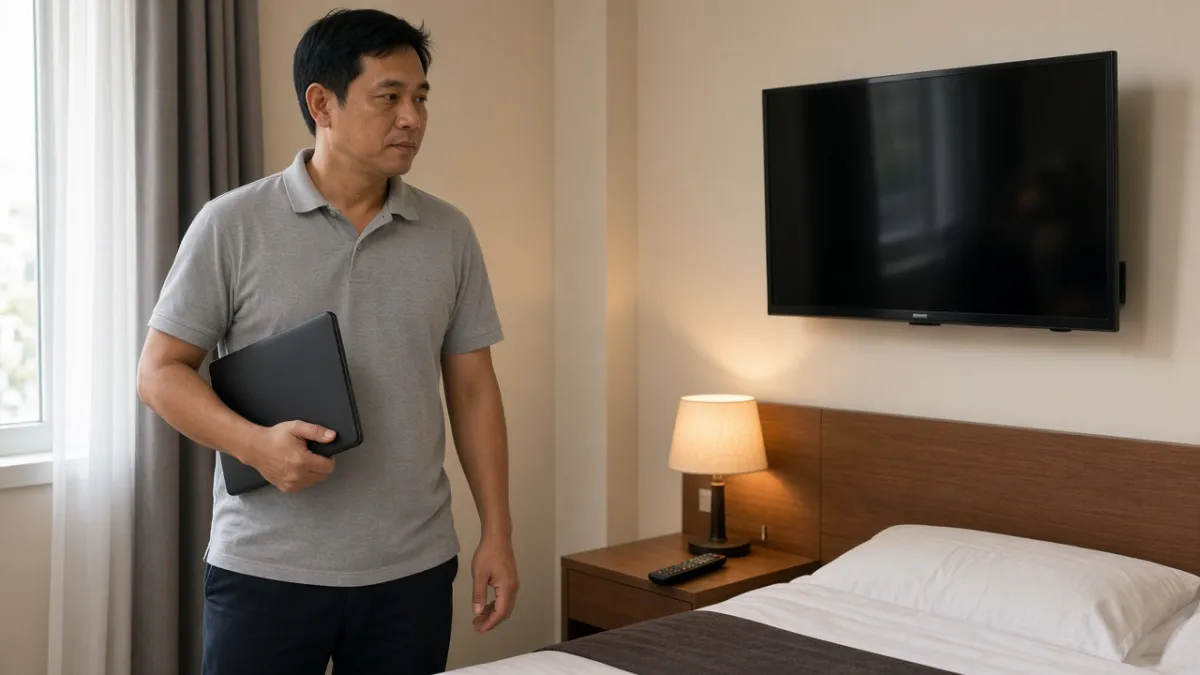 Nhân viên kỹ thuật khách sạn vừa hoàn tất lắp Smart TV treo tường trong phòng nghỉ, sẵn sàng vận hành IPTV.