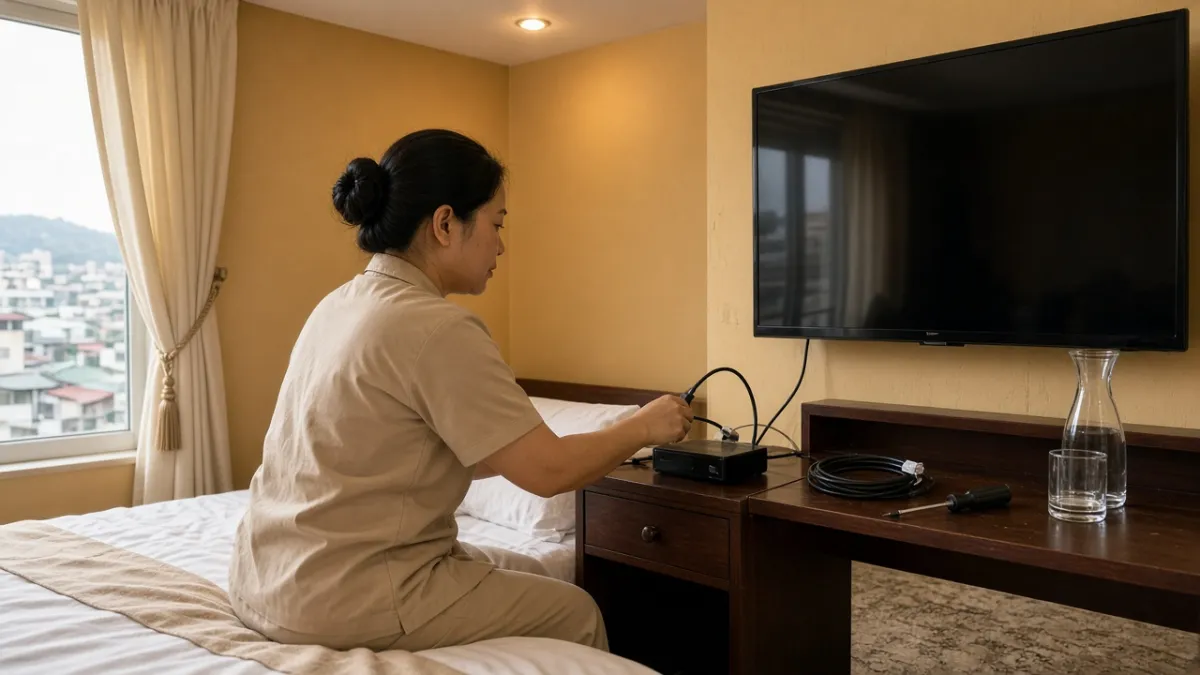 Nhân viên khách sạn đấu dây mạng và HDMI cho hộp IPTV trước TV treo tường trong phòng nghỉ.