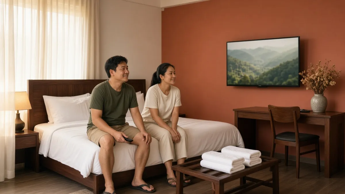 Khách nghỉ thư giãn trên giường trong phòng khách sạn, xem truyền hình treo tường — trải nghiệm IPTV chuyên nghiệp.